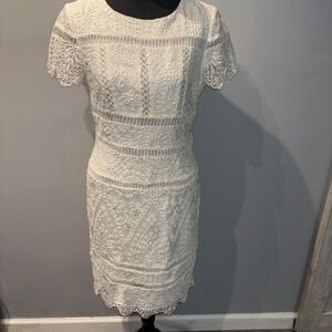 KATHERINE‎ KELLY White Embroidered Overlay Sheath Midi Dress Women’s Size 6